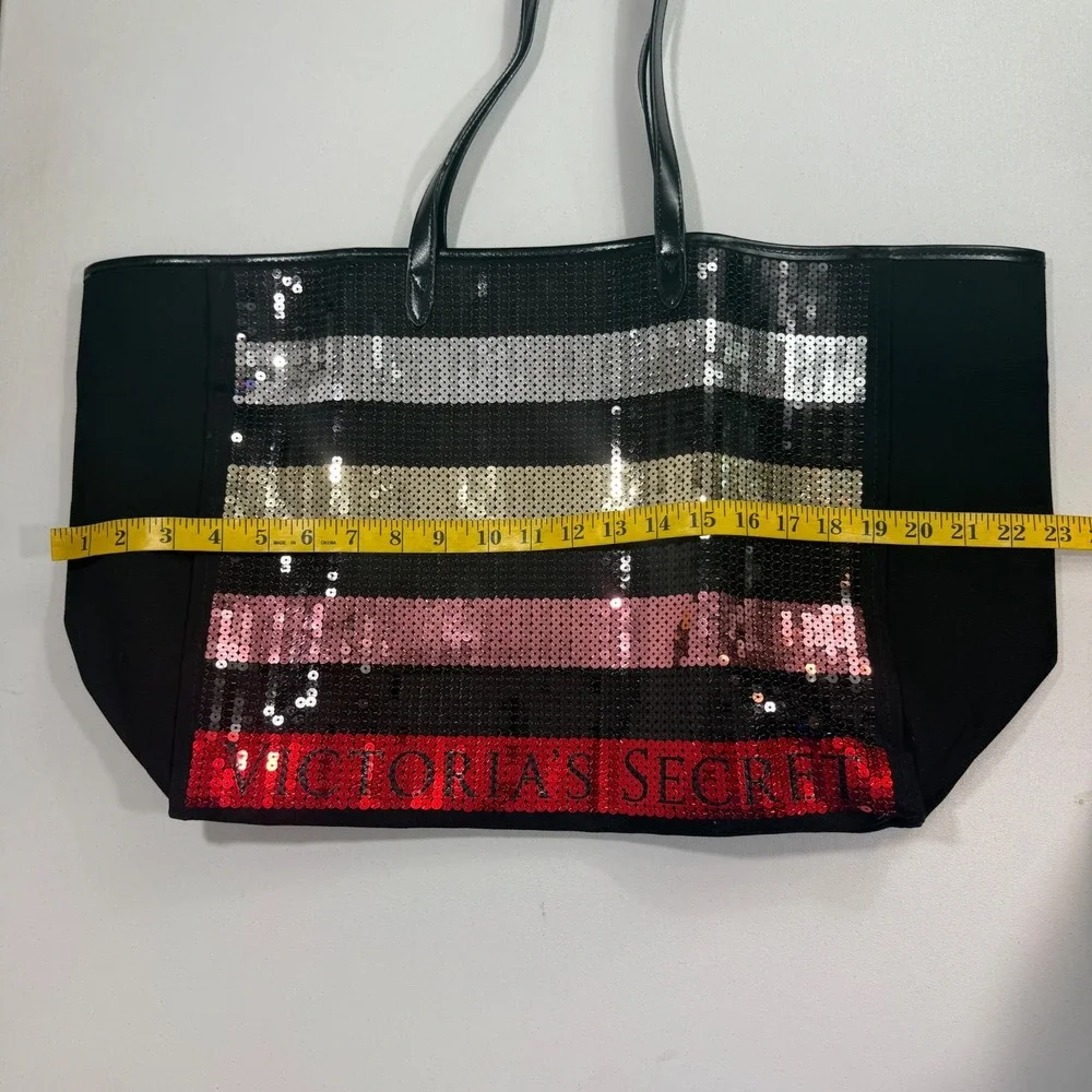 Victoria Secret Tote Bag Black Sequin Stripe Weekender Travel Beach Large